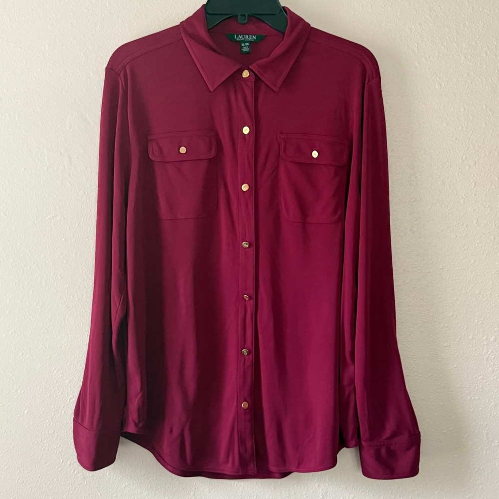 Lauren Ralph Lauren Women XL Pink Roll Tab Sleeve Gold Button Utility Shirt Top